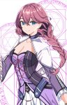  1girl blue_eyes braid breasts cleavage_cutout clothing_cutout dress eiyuu_densetsu emma_millstein huge_breasts looking_at_viewer magic_circle nyuusai pink_hair ponytail puffy_sleeves sen_no_kiseki sen_no_kiseki_iv single_braid smile solo 