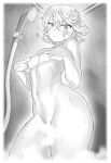  1girl blush breasts completely_nude convenient_censoring covering_nipples curly_hair greyscale groin highres looking_at_viewer mogudan monochrome navel nude one-punch_man short_hair shower_head small_breasts solo steam steam_censor tatsumaki 