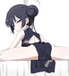  1girl ass back bare_shoulders black_dress black_hair blue_archive blush butt_crack cameltoe china_dress chinese_clothes covered_nipples donutman double_bun dress grey_eyes hair_bun halo highres kisaki_(blue_archive) looking_at_viewer looking_back no_panties solo spread_legs sweatdrop twintails 