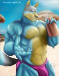  absurd_res anthro bandit_heeler beach beers big_hand bluey_(series) canid canine clothing funtime hi_res humanoid male male/male mammal migart89 muscular muscular_anthro muscular_male seaside swimwear vacation 