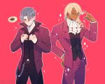  2boys ace_attorney adjusting_clothes ascot belt belt_chain black_belt black_vest blonde_hair blush buttons closed_eyes cosplay costume_switch cowboy_shot dark-skinned_male dark_skin deviantart_username drill_hair ear_piercing frilled_ascot frills grey_hair hair_between_eyes hair_intakes hair_twirling hand_on_own_hip hand_up highres jacket jewelry klavier_gavin lapels layered_sleeves long_sleeves male_focus medium_hair midriff_peek miles_edgeworth multiple_boys open_clothes open_collar open_jacket outline pants piercing purple_jacket purple_pants purplesound red_background ring shirt short_hair smile sparkle spoken_squiggle squiggle suit suit_jacket tumblr_username untucked_shirt vest wallet_chain watermark white_ascot white_outline white_shirt 