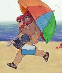  2boys bara beach beach_umbrella bird body_markings carrying crab dark-skinned_male dark_skin deformed eyebrow_cut fishnet_swimsuit full_body hephaestus_(housamo) holding holding_umbrella large_pectorals male_focus mature_male multiple_boys muscular muscular_male official_alternate_costume pectorals piggyback red_eyes red_hair running sand sandals scar short_hair smile starfish talos_(housamo) thick_eyebrows tokyo_afterschool_summoners topless_male tora_d umbrella 