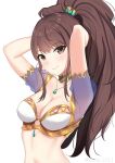  1girl adjusting_hair alternate_hairstyle arabian_clothes bad_id bad_twitter_id breasts brown_eyes brown_hair gold_choker highres kujikawa_rise medium_breasts midriff official_alternate_costume persona persona_4 ponytail solo 