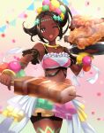 1girl bare_shoulders beads black_hair brown_eyes confetti crop_top dark-skinned_female dark_skin fire_emblem fire_emblem_engage flower food hair_beads hair_flower hair_ornament highres holding holding_food holding_skewer jewelry kakiko210 looking_at_viewer meat one_eye_closed open_mouth ponytail shorts shorts_under_skirt skewer skirt smile solo sparkle sparkling_eyes timerra_(fire_emblem) 
