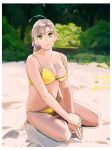  1girl alternate_costume alternate_hairstyle antenna_hair bikini blurry blurry_background braid braided_ponytail breasts bush cleavage full_body green_eyes grey_hair highres kantai_collection kinugasa_(kancolle) looking_at_viewer medium_breasts ojipon on_ground outdoors sand single_braid sitting solo swimsuit tree yellow_bikini yokozuwari 