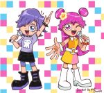  2girls arm_up artist_name bead_bracelet beads black_footwear blue_eyes boots bracelet checkered_background collar commentary danishi double_bun dress eyes_visible_through_hair flower hair_bun hair_flower hair_ornament hair_over_one_eye hi_hi_puffy_amiyumi highres holding holding_microphone index_finger_raised jewelry long_hair medium_hair microphone multiple_girls one_eye_closed oonuki_ami open_mouth pink_eyes pink_hair purple_hair signature smile spiked_bracelet spiked_collar spikes white_footwear wristband yellow_dress yoshimura_yumi 
