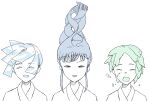  3others ^_^ androgynous aqua_hair blue_hair closed_eyes crack cracked_skin crystal_hair detached_hair euclase_(houseki_no_kuni) eyes_visible_through_hair facing_viewer flat_color floating_hair green_hair hair_over_one_eye half-closed_eyes highres houseki_no_kuni lapis_lazuli_(houseki_no_kuni) lineup long_hair looking_at_viewer messy_hair mt5_014 multiple_others other_focus partially_colored phosphophyllite portrait shards short_hair side-by-side sidelocks simple_background sketch sleepwear sleepy updo waking_up white_background yawning 