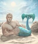  1boy abs bara blonde_hair cloud day facial_hair highres large_pectorals male_focus merman monster_boy muscular muscular_male nipples outdoors patreon_username pectorals reiner_braun shingeki_no_kyojin short_hair sky solo twitter_username urielbeaupre15 