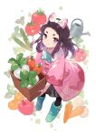  1girl :3 absurdres apple black_hair blue_flower blue_footwear blush boots box braid carrot closed_mouth coat commentary_request countdown_illustration cucumber farmer_(frederica) flower food frederica_(game) from_above fruit full_body fur_collar highres holding holding_box leaf long_hair long_sleeves looking_at_viewer official_art orange_(fruit) pink_coat potato purple_eyes second-party_source smile solo standing tobi_(kotetsu) tomato turnip watering_can wide_sleeves wooden_box 