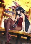  1girl animal_ears black_hair blurry blurry_background blush borumete bow bowtie breasts brown_pantyhose chandelier copyright cup detached_collar drinking_glass fake_animal_ears fake_tail hairband high_heels highres holding holding_weapon indoors long_hair looking_at_viewer open_mouth original pantyhose playboy_bunny rabbit_ears red_eyes red_footwear sitting small_breasts smile solo tail teeth thigh_strap upper_teeth_only very_long_hair weapon wine_glass 