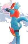  anthro bandai_namco blue_body blue_skin boreoboros butt clothed clothing digimon digimon_(species) digital_media_(artwork) flamedramon hi_res looking_at_viewer male simple_background smile solo tail 