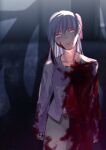  1girl blood blood_in_hair blood_on_clothes blood_on_face blood_on_hands cowboy_shot expressionless fate/stay_night fate_(series) glowing glowing_eyes grey_skirt hair_ribbon heaven&#039;s_feel jacket long_hair matou_sakura momoka_(abc_momoka0718) parted_lips pink_eyes purple_hair purple_jacket ribbon shadow skirt solo 