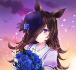  1girl animal_ears bird blue_flower blue_rose bouquet brown_hair cloud flock flower hair_over_one_eye hat hat_flower highres holding holding_bouquet horse_ears horse_girl long_hair purple_eyes purple_shirt rice_shower_(umamusume) rika_ryne rose sailor_collar school_uniform shirt signature sky solo tilted_headwear tracen_school_uniform umamusume upper_body white_flower white_sailor_collar 