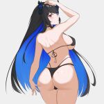  1girl arm_up ass ass_focus back bikini black_bikini black_hair blue_hair breasts colored_inner_hair demon_horns from_behind hololive hololive_english horns large_breasts long_hair looking_at_viewer looking_back multicolored_hair nerissa_ravencroft red_eyes sideboob simple_background solo swimsuit thighs thong two-tone_hair very_long_hair virtual_youtuber white_background zeropen 