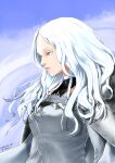  1girl absurdres alternate_hair_color armor blonde_hair blue_sky bodysuit breasts cape claymore_(series) cloud dated day from_side grey_bodysuit grey_cape highres lips long_hair long_sleeves looking_at_viewer medium_breasts outdoors parted_lips pauldrons realistic shoulder_armor signature sky solo teresa_(claymore) uniform wavy_hair white_hair yuutan_(chokorobittsu) 
