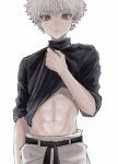  1boy abs arm_at_side black_shirt blue_eyes closed_mouth clothes_lift grey_hair hand_up highres hunter_x_hunter killua_zoldyck lifted_by_self looking_at_viewer male_focus midriff navel oysi_mysi pants sash shirt shirt_lift short_hair simple_background sleeves_rolled_up solo sweat toned toned_male turtleneck twitter_username upper_body white_background white_pants 
