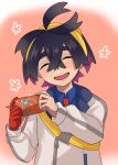  1boy :d ahoge aritsune01 black_hair blue_shirt blush closed_eyes collared_shirt colored_inner_hair commentary_request crossed_bangs flower_(symbol) gloves hair_between_eyes hairband holding holding_phone jacket kieran_(pokemon) male_focus mole mole_on_neck multicolored_hair necktie open_mouth phone pink_background pokemon pokemon_(game) pokemon_sv red_necktie rotom rotom_phone shirt single_glove smile solo strap upper_body white_jacket yellow_hairband zipper_pull_tab 