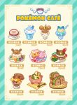  burger cake chansui_(ginping0602) character_request coffee_cup cup diglett disposable_cup eevee food food_focus no_humans parfait pickle pixel_art pokemon pokemon_cafe_mix sandwich snorlax sylveon teddiursa vulpix 