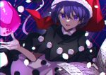  1girl :d black_capelet blob book capelet commentary doremy_sweet dream_soul hat holding holding_book looking_at_viewer nightcap one-hour_drawing_challenge open_mouth pom_pom_(clothes) purple_eyes purple_hair red_headwear skirt smile solo souko_illust tail tapir_tail touhou upper_body white_skirt 