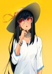  1girl armlet black_hair breasts collarbone earrings gold_earrings hair_between_eyes hand_on_own_chin hand_up hat highres jewelry large_breasts long_hair long_sleeves open_mouth red-tinted_eyewear red_eyes ritadrawings shirt simple_background solo spy_x_family straw_hat thinking tinted_eyewear upper_body white_shirt yor_briar 