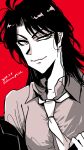  1boy artist_name closed_mouth collared_shirt commentary_request dated greyscale_with_colored_background highres ichijou_seiya joukyou_seikatsuroku_ichijou kaiji long_hair looking_at_viewer male_focus medium_bangs necktie red_background shirt simple_background smile solo unknown03162 upper_body 