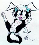  anthro blue_eyes bow_accessory butt feet female genitals hair looking_at_viewer mammal mephitid nipples nude open_mouth pigtails pink_nose pussy reddragonkan sabrina_online sitting skunk solo spread_legs spreading tabitha_(sabrina_online) toes traditional_media_(artwork) webcomic white_hair 