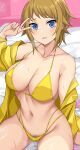  1girl arm_support bare_shoulders bed_sheet bikini blue_eyes breasts brown_hair cleavage collarbone commentary_request cowboy_shot female_pubic_hair groin gundam gundam_build_fighters gundam_build_fighters_try highres hoshino_fumina jacket long_sleeves looking_at_viewer medium_breasts navel nirowata off_shoulder parted_lips pubic_hair shadow short_hair sidelocks sitting solo stomach sweat swimsuit v yellow_bikini yellow_jacket 