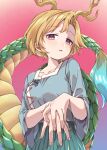  1girl absurdres antlers blonde_hair blue_shirt blush collared_shirt dragon_horns dragon_tail e_sdss fingernails green_skirt highres horns kicchou_yachie looking_at_viewer open_mouth red_eyes shirt short_hair short_sleeves skirt solo tail touhou turtle_shell upper_body yellow_horns 
