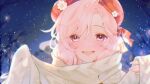  1girl bare_tree beret bun-mii english_commentary flower hat hat_flower highres indie_virtual_youtuber long_hair looking_at_viewer mole mole_under_eye night nini_yuuna open_mouth pink_eyes pink_hair portrait red_headwear scarf second-party_source smile snowing solo tree virtual_youtuber white_flower white_scarf 