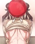  1girl breasts brown_hair clothes_lift double_bun erere from_behind hair_bun idolmaster idolmaster_shiny_colors out-of-frame_censoring red_headwear shirt_lift shoulder_blades sideboob solo sonoda_chiyoko spine sweatdrop twintails upper_body 