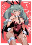  1girl absurdres anchovy_(girls_und_panzer) animal_ears birthday black_cape black_necktie black_ribbon blush breasts cape cleavage commentary_request dated detached_collar drill_hair fake_animal_ears fake_tail fishnet_pantyhose fishnets girls_und_panzer green_hair grin hair_ribbon highleg highleg_leotard highres leotard long_hair looking_at_viewer necktie outline outside_border pantyhose playboy_bunny rabbit_ears rabbit_tail red_eyes red_leotard ribbon shinkuukan_(tetsuo3) side-tie_leotard smile solo standing strapless strapless_leotard tail teeth twin_drills twintails white_outline wrist_cuffs 