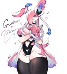  anthro blue_eyes bow_ribbon breasts clothed clothing eeveelution female gardevoir generation_3_pokemon generation_6_pokemon hair hi_res hybrid legwear looking_at_viewer nintendo pink_hair pokemon pokemon_(species) simple_background solo sylveon togetoge 