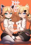  2girls absurdres animal_ear_headphones animal_ears betty_(neural_cloud) black_shorts blonde_hair blue_eyes breasts cat_ears cat_girl cat_tail character_request commentary fake_animal_ears girls&#039;_frontline girls&#039;_frontline_neural_cloud hair_between_eyes hair_ornament hairclip headphones highres idw_(girls&#039;_frontline) long_hair looking_at_viewer looking_to_the_side low_twintails medium_breasts multiple_girls open_mouth orange_background qr_code shirt short_shorts short_sleeves shorts simple_background tail text_background twintails white_shirt yonao 
