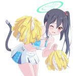 1girl alternate_costume bent_over black_hair blue_archive blush cat_tail cheerleader commentary_request cosplay crop_top detached_collar dresstrip fake_tail fang hair_between_eyes halo halterneck hibiki_(blue_archive) hibiki_(cheer_squad)_(blue_archive) holding holding_pom_poms k-on! long_hair millennium_cheerleader_outfit_(blue_archive) nakano_azusa navel one_eye_closed open_mouth parody pom_pom_(cheerleading) red_eyes side_ponytail sidelocks simple_background skin_fang skirt solo standing tail white_background white_skirt 