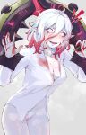  1girl absurdres blood blood_on_clothes blood_on_face blood_on_hands bottomless briar_(league_of_legends) highres league_of_legends looking_at_viewer mishislover pointy_ears pubic_hair pussy sharp_teeth shirt steaming_body teeth vampire white_background white_eyes white_shirt 