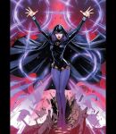  1girl arms_up black_cloak black_leotard cloak dc_comics highres hood hooded_cloak laura_braga leotard long_hair looking_at_viewer magic pantyhose pillarboxed purple_hair purple_lips purple_pantyhose raven_(dc) signature solo teen_titans 