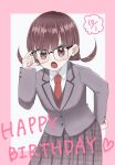  1girl :o braid brown_eyes brown_hair dated glasses grey_suit happy_birthday highres hinatanohinata iin_chiyo kimi_no_koto_ga_dai_dai_dai_dai_daisuki_na_100-nin_no_kanojo necktie pink_background plaid plaid_skirt red_necktie skirt solo suit twin_braids white_background 