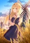  1girl :d alternate_costume atelier_(series) atelier_ryza atelier_ryza_1 black_dress blonde_hair braid cloud commentary_request dress flute french_braid from_side green_eyes hairband highres holding holding_instrument instrument klaudia_valentz long_hair looking_at_viewer looking_to_the_side official_art outdoors senri_(senri_sen) sky smile solo spaghetti_strap wheat_field windmill 