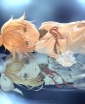  25-ji_nightcord_de._(project_sekai) absurdres blonde_hair blue_eyes bow flower frilled_shirt frilled_shirt_collar frills highres kagamine_len kagamine_rin project_sekai red_ribbon ribbon shirt syokorashimegi too_many_hairclips vocaloid white_bow white_flower white_shirt 