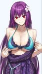  1girl bare_shoulders bikini breasts cleavage collarbone dress fate/grand_order fate_(series) flower green_bikini hair_between_eyes hair_flower hair_ornament highres kugiseiichi large_breasts long_hair looking_at_viewer off_shoulder purple_dress purple_hair red_eyes scathach_(fate) scathach_skadi_(fate) scathach_skadi_(swimsuit_ruler)_(fate) scathach_skadi_(swimsuit_ruler)_(final_ascension)_(fate) scathach_skadi_(swimsuit_ruler)_(second_ascension)_(fate) smile solo sweater sweater_dress swimsuit 