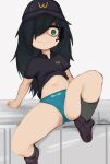  1girl belly black_hair blue_panties flat_chest green_eyes green_socks hatsu_(hatsumiilkshake) headset highres kuroki_tomoko navel nervous_smile panties sitting sitting_on_object smile socks underwear 