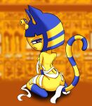  &lt;3 &lt;3_eyes animal_crossing ankha_(animal_crossing) anthro bandage blue_hair domestic_cat egyptian felid feline felis female hair hi_res humanoid long_tail looking_at_viewer mammal megi nintendo rear_view solo tail yellow_body 