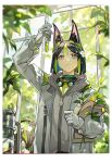  1boy 1girl absurdres animal_ear_fluff animal_ears black_hair blunt_ends bob_cut collei_(genshin_impact) collei_(kiehls&#039;)_(genshin_impact) fox_boy fox_ears genshin_impact gloves goggles goggles_around_neck green_eyes green_hair green_theme grey_hood grey_jacket hair_ornament highres jacket kiehl&#039;s leaf_hair_ornament light_green_hair long_sleeves looking_at_viewer male_focus mento multicolored_hair official_alternate_costume scientist short_hair streaked_hair tighnari_(genshin_impact) tighnari_(kiehls&#039;)_(genshin_impact) white_gloves 