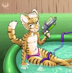  anthro bulge clothed clothing dyson_(eldiman) eldiman felid hi_res male mammal pantherine solo speedo swimming_pool swimwear tiger topless toy toy_gun water_gun young 