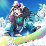  1boy alternate_costume aqua_hair aqua_pants black_hair black_jacket blue_sky eyewear_on_head hana_ni_nare hat highres hood hoodie ice_skates jacket kimetsu_no_yaiba long_hair long_sleeves male_focus multicolored_hair skates sky snow solo tokitou_muichirou white_hoodie 