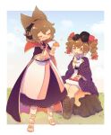  2girls ashiyu_(ashu-ashu) black_cape black_skirt blue_sky brown_eyes brown_hair cape closed_eyes cloud coat commentary_request commission dress drill_hair earmuffs eating eyewear_on_head fang food full_body holding holding_food multiple_girls multiple_sources open_mouth outdoors pointy_ears pointy_hair purple_coat round_eyewear sitting skeb_commission skin_fang skirt sky standing sunglasses touhou toyosatomimi_no_miko twin_drills white_dress yorigami_jo&#039;on 