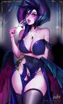  1girl bare_shoulders black_nails black_panties black_thighhighs breasts collarbone colored_sclera covered_navel cup glowing glowing_eyes groin hair_between_eyes hand_up highres holding holding_cup jewelry large_breasts league_of_legends long_hair medium_hair merellyne morgana_(league_of_legends) nail_polish necklace off_shoulder panties pink_lips pink_sclera purple_hair signature skindentation solo teeth thighhighs tongue tongue_out underwear upper_teeth_only web_address wings 