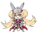  1girl armor blonde_hair blush breastplate centurion_primera chibi crossed_arms duel_monster fang full_body helmet long_hair open_mouth pinch_(nesume) red_eyes shoulder_armor smile solo twintails white_background yu-gi-oh! 