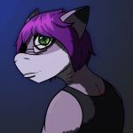  ambiguous_gender anthro aura binder_(clothing) conical_ears derrik_(r3znor_x) dramatic_lighting emo emo_haircut eyeshadow eyewear fish gills glasses glowing glowing_eyes green_eyes hair makeup marine messy_hair profile_view pupils purple_hair r3znor_x scar scared shark slit_pupils solo 