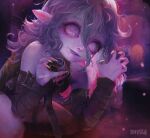  1girl artist_name bare_shoulders blurry blurry_background briar_(league_of_legends) detached_sleeves fingernails grey_eyes grey_hair hair_between_eyes highres kneeling league_of_legends long_hair mollymishy pointy_ears sharp_fingernails sharp_teeth smile solo teeth upper_teeth_only vampire wavy_hair 